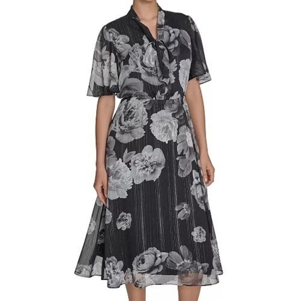 Calvin Klein Floral Tie Neck A Line Black Ruffle Sleeve Dress Womens Size 10 NWT